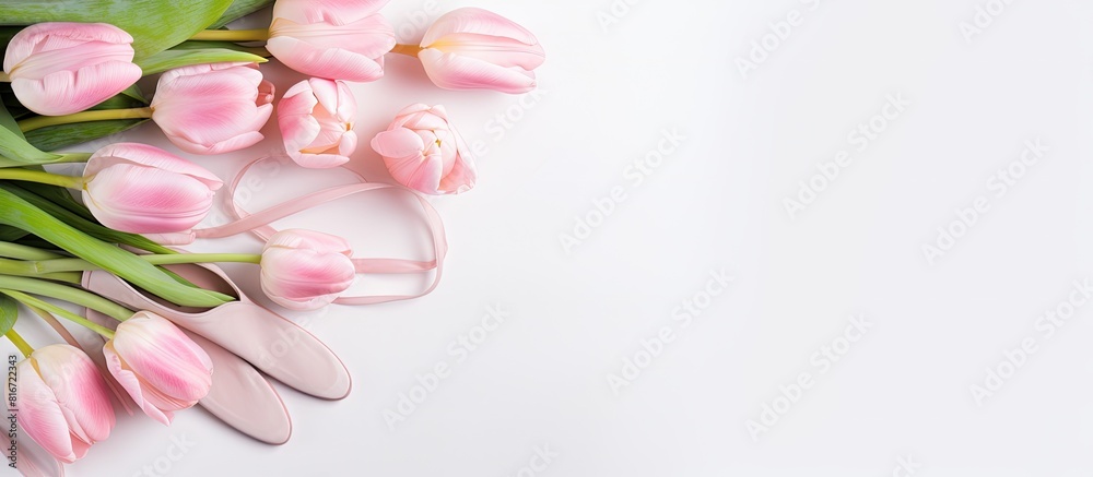 Top view copy space image of ballet pointe shoes placed near vibrant spring tulips on a white background