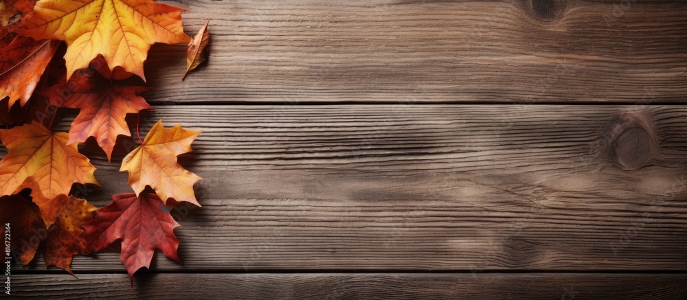 Obraz premium Top view of autumn maple leaves book and coffee cup on a wooden surface with copy space image