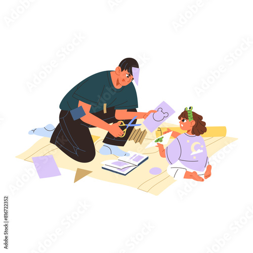 Diligent dad helps his kid making childish craft. Daddy cuts out of paper for cute little girl. Father and daughter spend time together indoors. Flat isolated vector illustration on white background