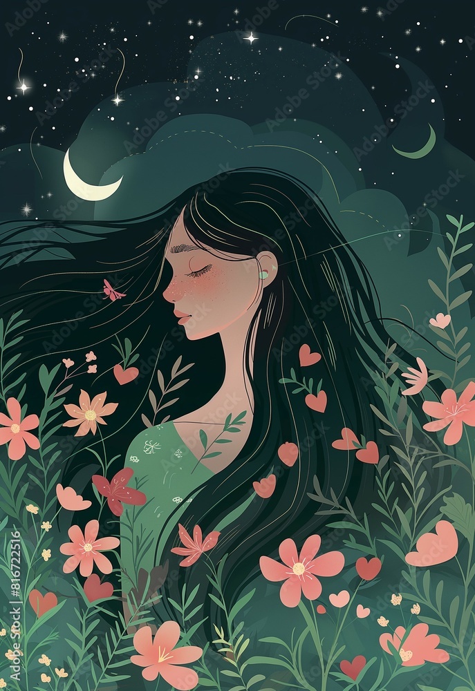 Romantic and dreamy illustration design art with night sky, moonlight, flowing long hair girl, and green flowers scattered and blooming. Romantic and dreamy illustration design art with night sky, moonlight, flowing long hair girl, and green flowers scattered and blooming.