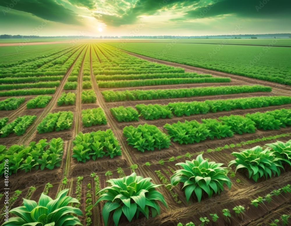 Aerial view of a well-organized farmland at sunrise, showcasing vibrant green crops in neat rows and the warmth of the rising sun.. AI Generation