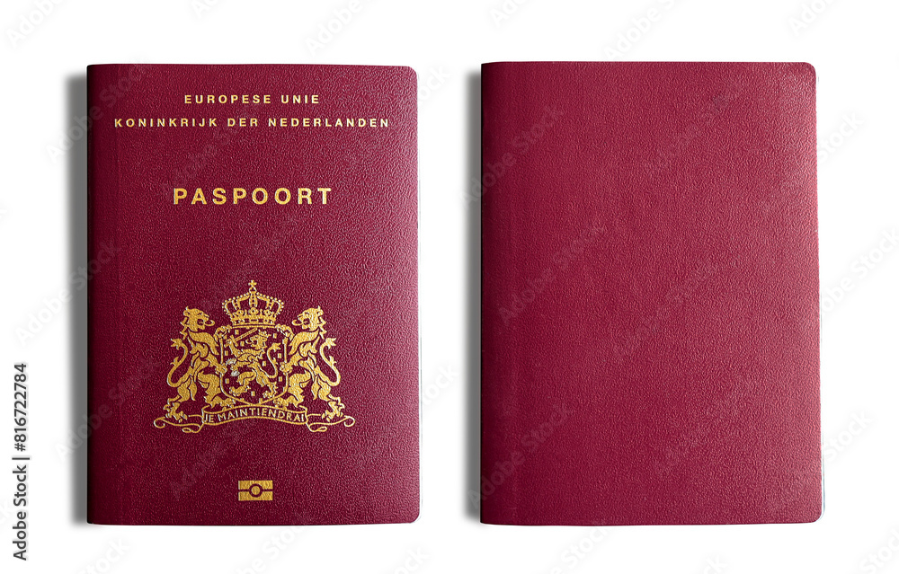 Dutch Passport, the passport of the Netherlands front cover and back side isolated clipping path on white background. Dutch Passport, the passport of the Netherlands front cover and back side isolated clipping path on white background.