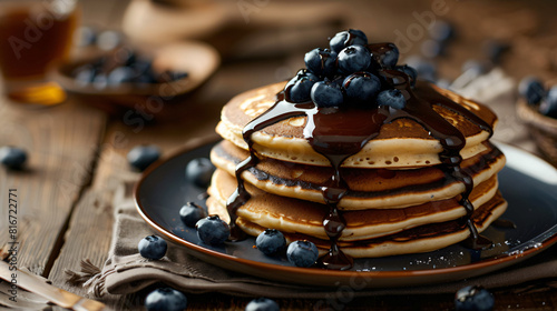 Plate with tasty pancakes blueberry and chocolate toppings photo