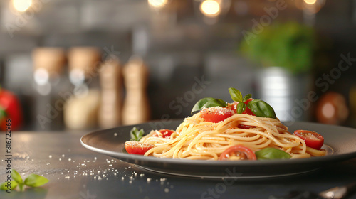 Plate with tasty pasta on dark table