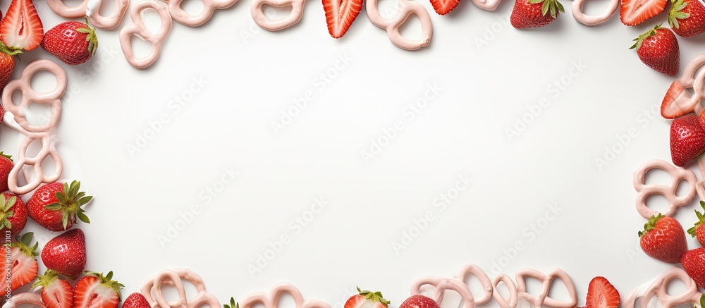 White background with a frame showcases strawberry flavored yogurt covered pretzels leaving ample copy space for personalization White background with a frame showcases strawberry flavored yogurt covered pretzels leaving ample copy space for personalization