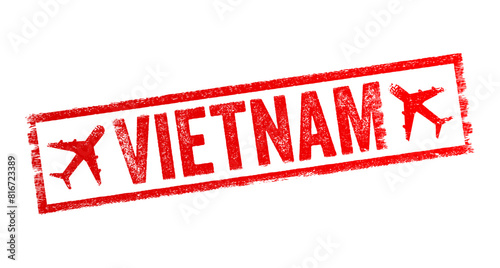 Vietnam - a Southeast Asian country known for its rich history, diverse culture, stunning landscapes, and delicious cuisine, text emblem stamp with airplane