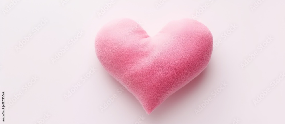 A single pink heart made of felt stands out against a plain white background This stock photo captures the essence of Valentine s Day offering a blank canvas for your personal message