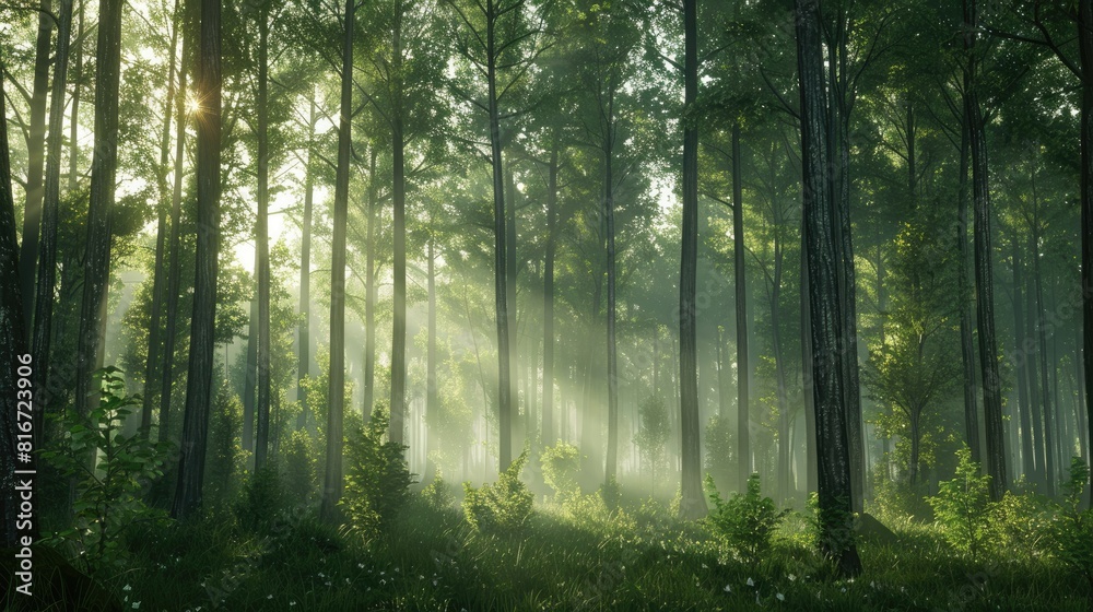 A calm scenery illuminated by gentle morning sunlight featuring a dense woodland with tall trees gently moving in a peaceful setting A calm scenery illuminated by gentle morning sunlight featuring a dense woodland with tall trees gently moving in a peaceful setting