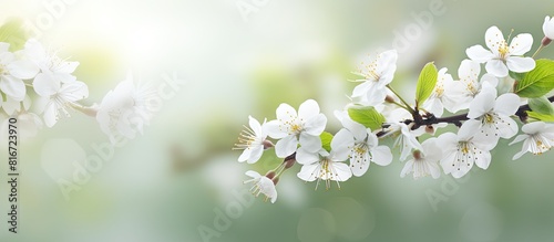 A stunning springtime scene of blossoming cherry flowers with green leaves It creates a natural floral background perfect for copy space images