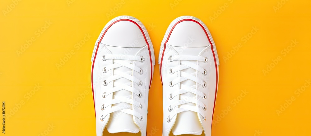 Top down view of a pair of white sneakers set against a vibrant colored background creating a visually appealing copy space image Top down view of a pair of white sneakers set against a vibrant colored background creating a visually appealing copy space image
