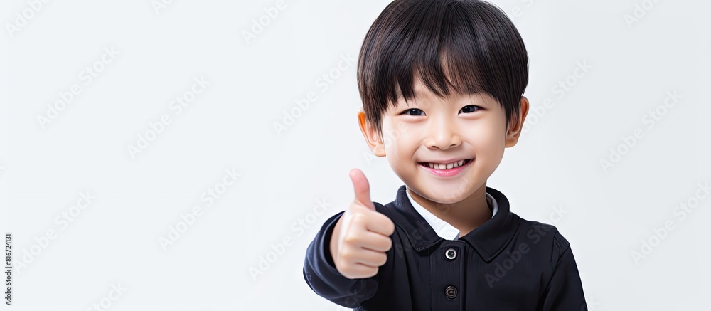 Smiling Asian boy isolated on white background raises both thumbs and looks at the camera Ample copy space available Smiling Asian boy isolated on white background raises both thumbs and looks at the camera Ample copy space available