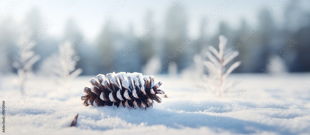 Snow covered ground with a solitary pine cone providing ample copy space for your text Snow covered ground with a solitary pine cone providing ample copy space for your text