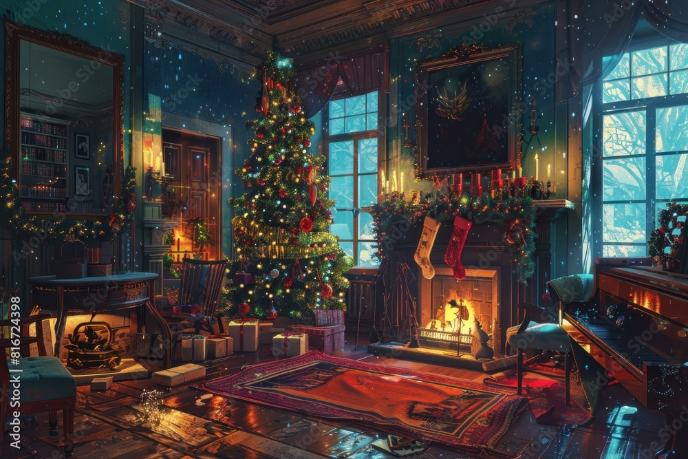 Inviting, festive interior with a lit christmas tree, crackling fireplace, and snowy view Inviting, festive interior with a lit christmas tree, crackling fireplace, and snowy view