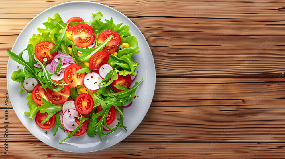 Plate with tasty salad on wooden background