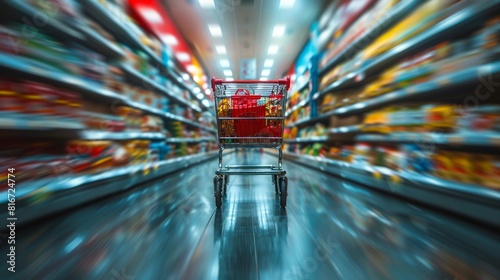 supermarket aisle, groceries, shopping cart in a speed blur, wide shot, natural light.