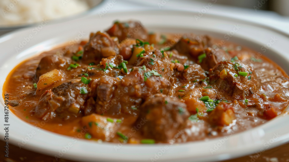 Savory african beef stew presented in a ceramic bowl, topped with vibrant chives, embodying the flavors of african cooking Savory african beef stew presented in a ceramic bowl, topped with vibrant chives, embodying the flavors of african cooking