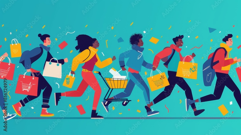 The concept of black friday sale, a discount in the shop, is represented by diverse men and women running to the store sale. Modern illustration depicting shoppers running with shopping bags and The concept of black friday sale, a discount in the shop, is represented by diverse men and women running to the store sale. Modern illustration depicting shoppers running with shopping bags and