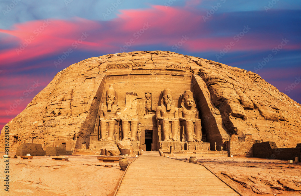 Abu Simbel the Great Temple of Ramesses II main entrance view, Egypt
