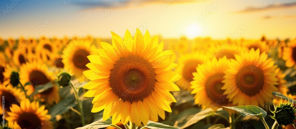 Fototapeta premium A vibrant sunflower field with plenty of copy space in the background showcasing its full bloom