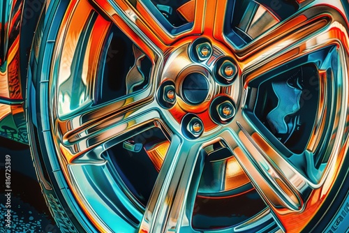 Close up of a car's wheel with a reflection, suitable for automotive industry use © Ева Поликарпова