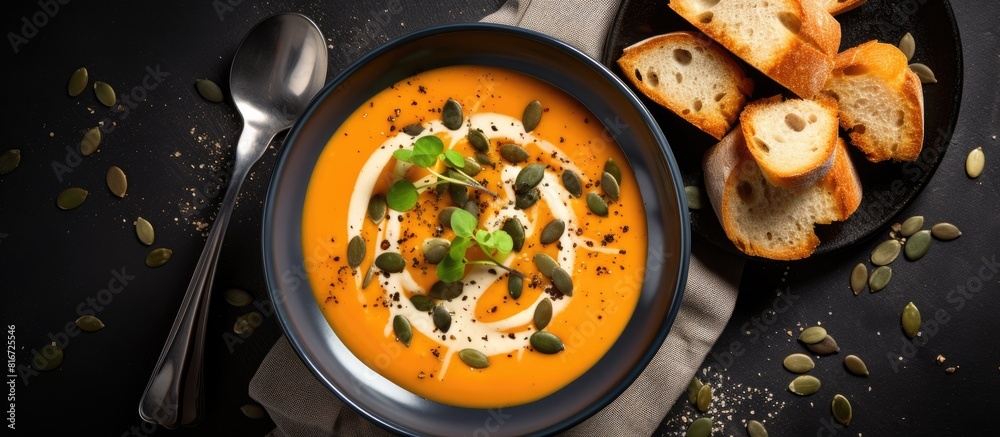 Spicy pumpkin soup with cream croutons and pumpkin seeds on a gray background A seasonal autumn dish made from organic pumpkins Top view copy space image