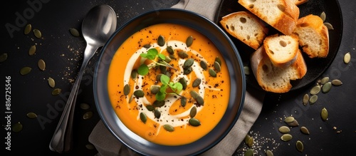 Spicy pumpkin soup with cream croutons and pumpkin seeds on a gray background A seasonal autumn dish made from organic pumpkins Top view copy space image