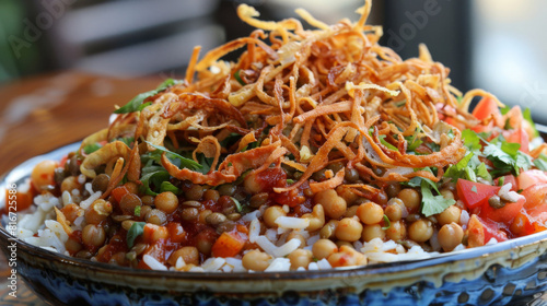 Delicious bowl of african-inspired rice topped with chickpeas, tomatoes, crispy onions, and fresh herbs on a wooden table