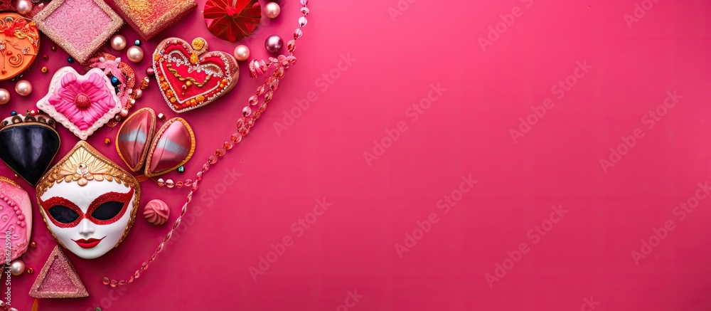 Obraz premium Top view of a pink background adorned with delicious hamantaschen cookies a vibrant red carnival mask a noisemaker sweet candies and festive party decorations beautifully conveying the Purim celebrat