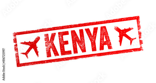 Kenya - an East African country known for its diverse wildlife, stunning landscapes, vibrant culture, and rich history, text emblem stamp with airplane