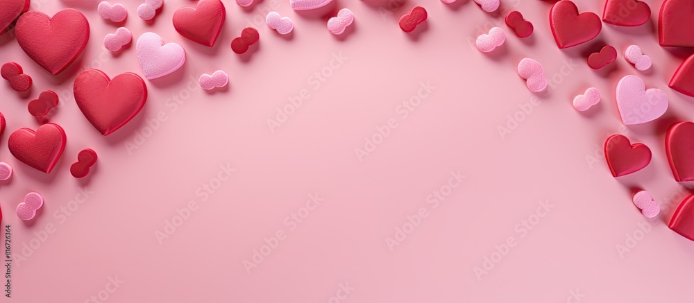 Valentine s anniversary greeting concept with a heart shape placed on a pink background A flat lay top view image with copy space available Valentine s anniversary greeting concept with a heart shape placed on a pink background A flat lay top view image with copy space available