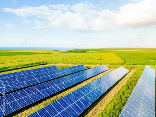 Solar panel farm. Clean energy concept, photovoltaic panels in the sunlight 