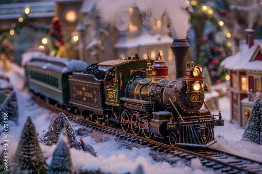 Charming model train winds through a snowy, decorated holiday scene with intricate details Charming model train winds through a snowy, decorated holiday scene with intricate details