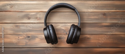 There is a top view of wireless Black headphones placed on a wooden table with a background that has copy space for images or text