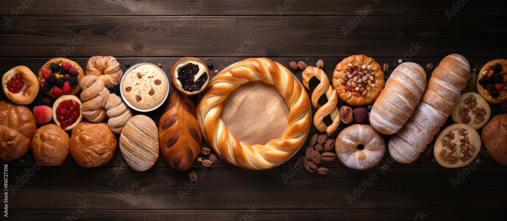 A variety of baked goods including bread biscuits rolls and cookies are arranged in a circular pattern This top down view offers a copy space image with a dark wooden background creating a perfect se A variety of baked goods including bread biscuits rolls and cookies are arranged in a circular pattern This top down view offers a copy space image with a dark wooden background creating a perfect se