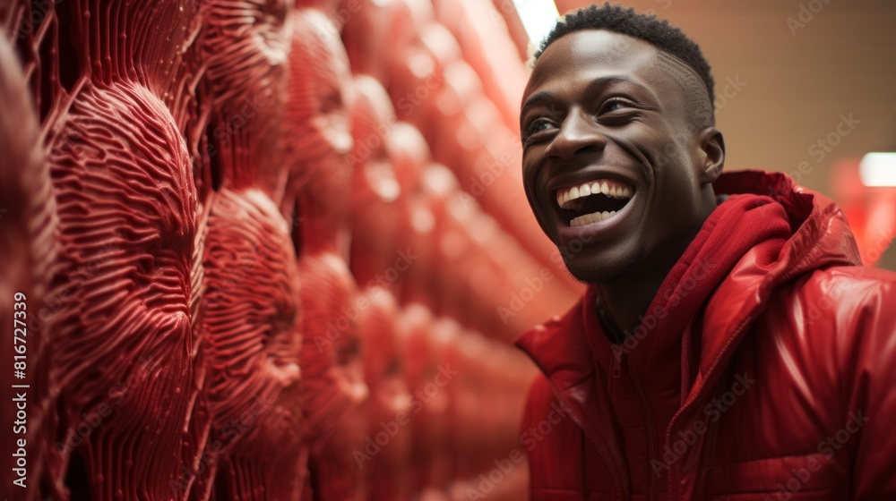 Joyful Man In Vibrant Red Jacket Smiling Next to Unique Red Art Installation Joyful Man In Vibrant Red Jacket Smiling Next to Unique Red Art Installation