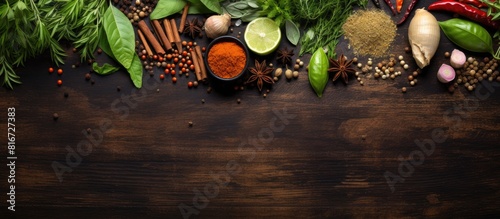 A view from above showcases fresh and aromatic herbs and spices arranged on a wooden table leaving ample room for additional content in the image