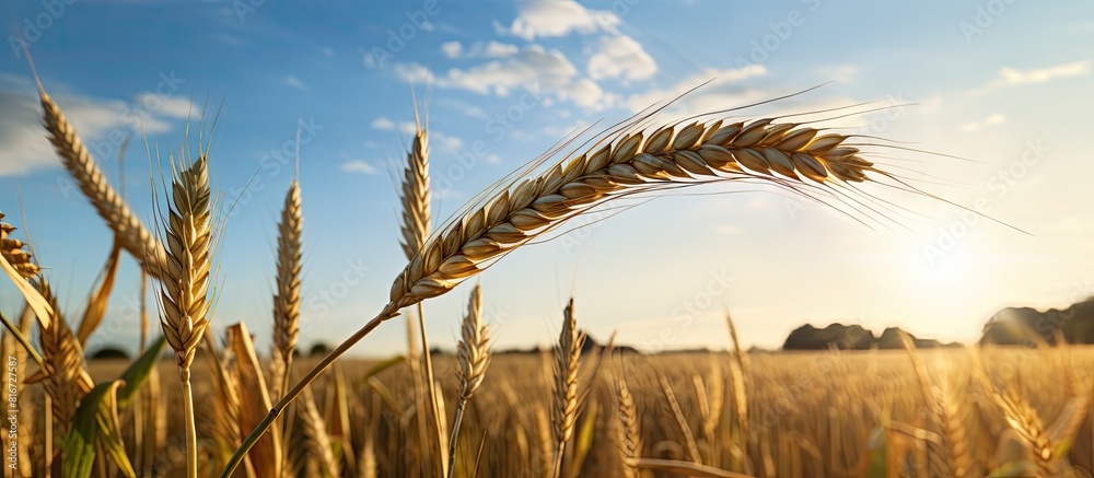 A ripe ear of rye bathed in sunlight stands alone in a field invitingly awaiting a copy space image A ripe ear of rye bathed in sunlight stands alone in a field invitingly awaiting a copy space image