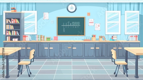 An animation ready classroom template with separate layers. Teacher's desk, student's desks, blackboard, cupboard with textbooks, cartoon modern background.