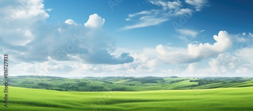 A summer landscape with vast bright green fields stretching out beneath a sky adorned with thick clouds creating a picturesque copy space image
