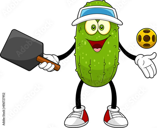 Funny Pickle Cartoon Character Playing Pickleball Sport. Vector Hand Drawn Illustration Isolated On Transparent Background