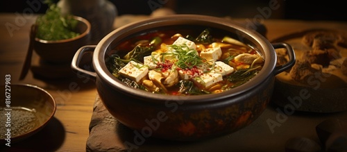 A traditional Korean dish featuring a flavorful broth made from dried fish and seaweed complemented by the addition of tofu. with copy space image. Place for adding text or design © vxnaghiyev