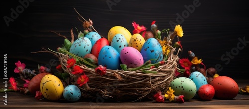 A vibrant arrangement of Easter eggs fills a wooden basket creating a visually appealing copy space image