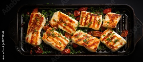Ready for grilling Halloumi cheese sits in a pan on a black background The top down perspective offers a copy space image