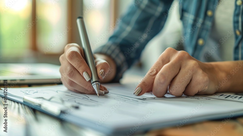 A woman is sitting at a desk, focused on writing on a piece of paper with a pen A woman is sitting at a desk, focused on writing on a piece of paper with a pen