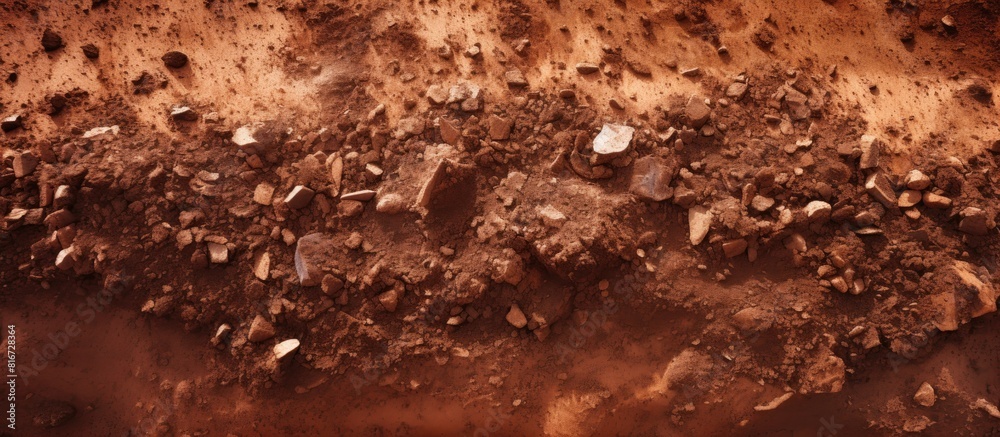 Fototapeta premium Top view of a dry polluted soil with a reddish hue and a stony composition offering ample copy space for images