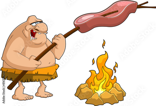 Stupid Caveman Cartoon Character Cooking A Big Steak. Vector Hand Drawn Illustration Isolated On Transparent Background