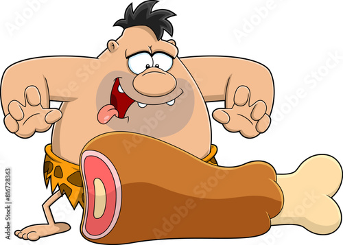 CAVHungry Caveman Cartoon Character With Big Drumstick. Vector Hand Drawn Illustration Isolated On Transparent Background