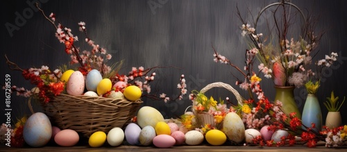 The wooden surface showcases a delightful arrangement of Easter eggs some blank and others painted surrounded by catkins and a basket creating a vibrant copy space image