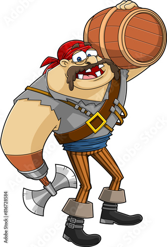 Funny Pirate Cartoon Character With Axe Carry Wooden Barrel. Vector Hand Drawn Illustration Isolated On Transparent Background