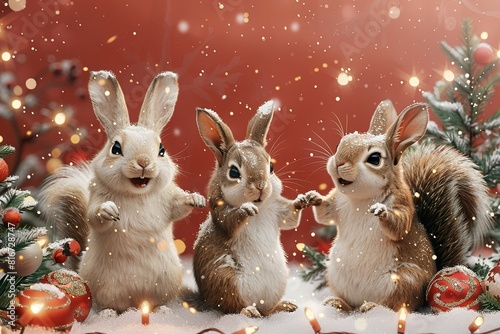 Stamp cartoon animals dancing around Christmas tree on red background. It has two white rabbits and a squirrel, standing on their hind legs and holding hands photo